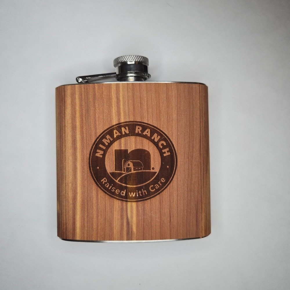 WOODCHUCK Niman Ranch Wood Wrapped Flask Stainless Steel 6 oz Laser Engraved EUC